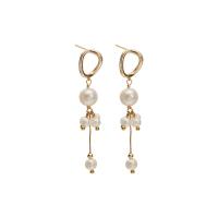 Freshwater Pearl Earrings, with Brass, 18K gold plated, for woman, white, 10.30x53mm, Sold By Pair