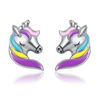 Zinc Alloy Stud Earring Unicorn silver color plated for woman & enamel multi-colored nickel lead & cadmium free 10-15mm Sold By Pair