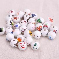 Wood Beads, Round, printing, mixed pattern & DIY, white, 16mm, Approx 100PCs/Bag, Sold By Bag