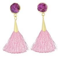 Fashion Fringe Earrings, Ice Quartz Agate, with Cotton Thread & Tibetan Style, gold color plated, druzy style & for woman, more colors for choice, 70-75mm, Sold By Pair