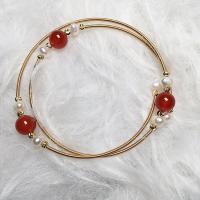 Brass Bracelet & Bangle, with Red Agate & Freshwater Pearl, gold color plated, for woman, golden, Length:7.1 Inch, Sold By PC