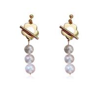 Brass Drop Earring, with Plastic Pearl, fashion jewelry & for woman, golden, nickel, lead & cadmium free, 45x13mm, Sold By Pair