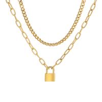 Titanstahl Halskette, mit Verlängerungskettchen von 5cm, Türschloss, Doppelschicht & Modeschmuck & einstellbar & für Frau, goldfarben, Länge:35 cm, 40 cm, verkauft von PC