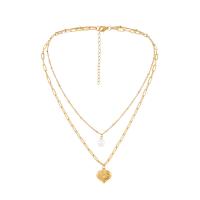 Multi Layer Necklace Titanium Steel with Plastic Pearl with 5cm extender chain Heart Vacuum Ion Plating Double Layer & fashion jewelry & adjustable & for woman golden Length 46 cm 40 cm Sold By PC