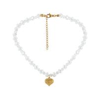 Plastové perlový náhrdelník, Plastové Pearl, s Titanium ocel & Krystal, s 5cm extender řetězce, Srdce, módní šperky & nastavitelný & pro ženy, bílý, 15x15mm, Délka 38 cm, Prodáno By PC
