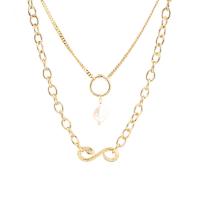 Multi слой ожерелье, Латунь, с Пресноводные жемчуги, плакирован золотом, разные стили для выбора & инкрустированное микро кубического циркония & Женский, золотой, продается PC