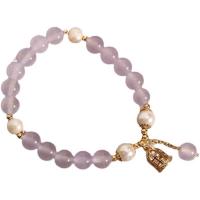 Gemstone Bracelets, Purple Chalcedony, with Freshwater Pearl & Tibetan Style, Cage, gold color plated, Korean style & for woman, 8mm, Length:Approx 6.5 Inch, Sold By PC