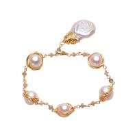 Sötvatten odlade Pearl Bracelet, Freshwater Pearl, med Mässing, guldfärg pläterade, för kvinna, vit, 9-10mm, Längd 7.1 inch, Säljs av PC