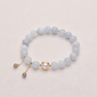 Blue Chalcedony Bracelet, with Freshwater Pearl & Brass, Round, gold color plated, for woman, 8-9mm, Length:7.1 Inch, Sold By PC