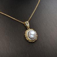 Freshwater Pearl Pendants, with Brass, Round, gold color plated, fashion jewelry & with rhinestone, white, 10-11mm, Sold By PC