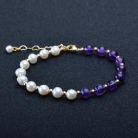 Freshwater Cultured Pearl Bracelet Freshwater Pearl with Amethyst & Brass Round gold color plated for woman mixed colors 5-6mm Length 7.1 Inch Sold By PC
