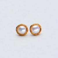 Freshwater Pearl Earrings, with brass wire, brass post pin, Round, gold color plated, for woman, white, 9-10mm, Sold By Pair