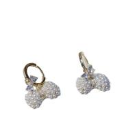 Cubic Zirconia Micro Pave Brass Earring, with Plastic Pearl, Bowknot, gold color plated, micro pave cubic zirconia & for woman, 20x15mm, Sold By Pair