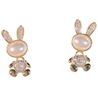Cubic Zirconia Micro Pave Brass Earring, with Plastic Pearl, Rabbit, gold color plated, micro pave cubic zirconia & for woman, 22x10mm, Sold By Pair