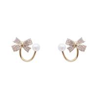 Brass Stud Earring with Plastic Pearl Bowknot gold color plated for woman & with rhinestone 23mm Sold By Pair