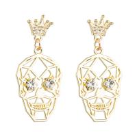 Tibetan Style Drop Earrings, Skull, fashion jewelry & for woman & with rhinestone, golden, nickel, lead & cadmium free, 20x45mm, Sold By Pair