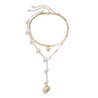Multi Layer Necklace, Iron, with Plastic Pearl & Brass & Tibetan Style, with 7cm extender chain, Heart, gold color plated, Double Layer & fashion jewelry & adjustable & for woman, golden, nickel, lead & cadmium free, Length:35 cm, 40 cm, Sold By PC