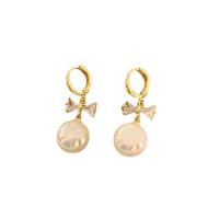 Zinc Alloy Drop Earrings with Plastic Pearl Bowknot gold color plated Korean style & for woman & with rhinestone Sold By Pair