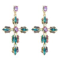 Rhinestone Earring Zinc Alloy with Glass Rhinestone Cross gold color plated for woman & with rhinestone Sold By Pair
