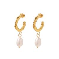 Freshwater Pearl Earrings, 304 Stainless Steel, with Freshwater Pearl, Vacuum Ion Plating, fashion jewelry & for woman, golden, 40.24x20.70mm, Sold By Pair