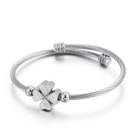 304 Stainless Steel Cuff Bangle with Cubic Zirconia Four Leaf Clover rack plating for woman 3mm Inner Approx 58mm Sold By PC