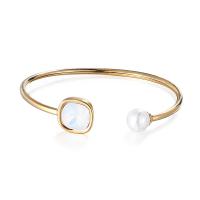 304 Stainless Steel Cuff Bangle, with Shell Pearl & Crystal, Square, rack plating, for woman, more colors for choice, 13mm, Inner Diameter:Approx 55mm, Sold By PC