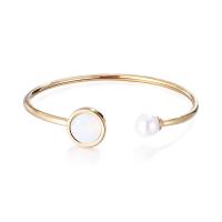 304 Stainless Steel Cuff Bangle with Shell Pearl & Crystal Round rack plating for woman 13mm Inner Approx 55mm Sold By PC