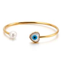 304 Stainless Steel Cuff Bangle with Shell Pearl & Shell Heart rack plating evil eye pattern & for woman 3mm Inner Approx 56mm Sold By PC