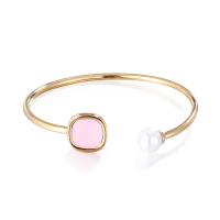 304 Stainless Steel Cuff Bangle with Shell Pearl & Crystal Square rack plating for woman 13mm Inner Approx 55mm Sold By PC