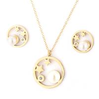 Rhinestone Stainless Steel Jewelry Set Stud Earring & necklace 304 Stainless Steel with Shell Pearl & Rhinestone with 5cm extender chain Flat Round rack plating 2 pieces & for woman & hollow 14mm 20mm Length Approx 40 cm Sold By Set