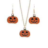 Tibetan Style Jewelry Set, earring & necklace, Pumpkin, gold color plated, Halloween Design & 2 pieces & for woman & enamel, orange, nickel, lead & cadmium free, 21x37mm, Length:15.75 Inch, 2PCs/Set, Sold By Set