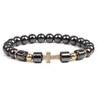 Non Magnetic Hematite Bracelet, with Brass, Cross, plated, elastic & Unisex & different styles for choice & micro pave cubic zirconia, 8mm, Length:18-20 cm, Sold By PC