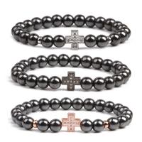 Non Magnetic Hematite Bracelet with Brass Cross plated elastic & micro pave cubic zirconia & for man Length 18-20 cm Sold By PC