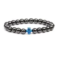 Non Magnetic Hematite Bracelet with Zinc Alloy Cross plated elastic & micro pave cubic zirconia & for man 8mm Length 18-20 cm Sold By PC
