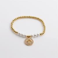 Brass Bracelet with Plastic Pearl Cross gold color plated micro pave cubic zirconia & for woman golden nickel lead & cadmium free Length 6.7 Inch Sold By PC