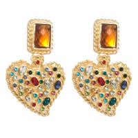 Rhinestone Earring Zinc Alloy with Glass Rhinestone Heart gold color plated for woman & with rhinestone Sold By Pair