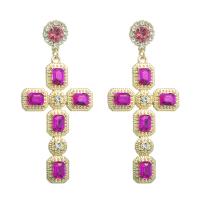 Rhinestone Earring, Tibetan Style, with Glass Rhinestone, Cross, gold color plated, for woman & with rhinestone, more colors for choice, 35x76mm, Sold By Pair
