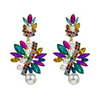Rhinestone Earring, Tibetan Style, with Glass Rhinestone & Plastic Pearl, Geometrical Pattern, gold color plated, for woman & with rhinestone, more colors for choice, 37x67mm, Sold By Pair