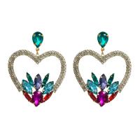 Rhinestone Earring Zinc Alloy with Glass Rhinestone Heart gold color plated for woman & with rhinestone & hollow Sold By Pair