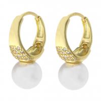 Brass Drop Earring, with Plastic Pearl, gold color plated, for woman, 10x14.50x15.50mm, Sold By Pair