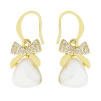 Boucles d'oreilles pendantes en laiton, avec perle de plastique, Placage de couleur d'or, pavé de micro zircon & pour femme, 31mm, Vendu par paire