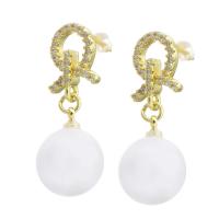 Brass Drop Earring, with Plastic Pearl, gold color plated, micro pave cubic zirconia & for woman, 30mm, Sold By Pair