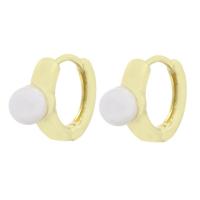 Brass Huggie Hoop Earring, with Plastic Pearl, gold color plated, for woman, 6x13.50x19.50mm, 10Pairs/Lot, Sold By Lot