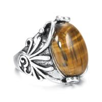 Gemstone Finger Ring, liga de zinco, with olho de tigre, banho de cor prata antiga, joias de moda & unissex & tamanho diferente para a escolha, níquel, chumbo e cádmio livre, 23mm, vendido por PC