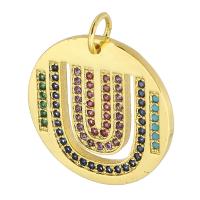 Cubique Pendentif en laiton zircon pavent, Rond, Placage de couleur d'or, bijoux de mode & DIY & pavé de micro zircon & pour femme, multicolore, 18x18x2mm, Trou:Environ 3mm, 10PC/lot, Vendu par lot