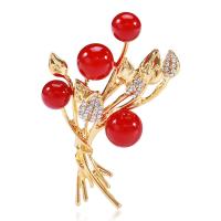 Tibetan Style Brooches, with Plastic Pearl, gold color plated, for woman & with rhinestone, red, nickel, lead & cadmium free, 34x55mm, Sold By PC