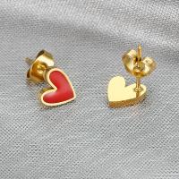 Stainless Steel Stud Earrings, 304 Stainless Steel, Heart, Vacuum Ion Plating, for woman & enamel, red, 8x13mm, Sold By PC