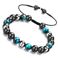 Bracelets Woven Ball pierres précieuses, oeil de tigre, avec Obsidienne & cordon de polyester & Hématite, Rond, fait à la main, bijoux de mode & unisexe & réglable & styles différents pour le choix, bleu, 8mm, Longueur:6.5-10 pouce, Vendu par PC