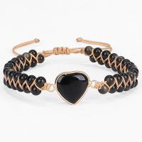 Bracelets Woven Ball pierres précieuses, or Obsidian, avec cordon de polyester, coeur, fait à la main, bijoux de mode & unisexe & réglable, noire, Longueur:17-34 cm, Vendu par PC