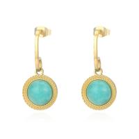 Titanium Steel  Earring, with turquoise, Vacuum Ion Plating, for woman, golden, 14x30mm, Sold By Pair